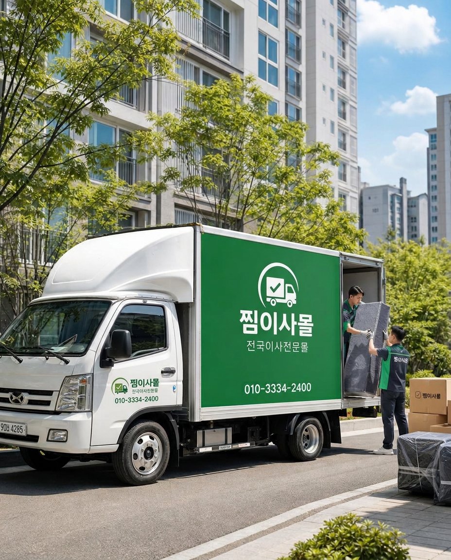맑은 낮, 국내 아파트 단지 앞에서 유니폼을 입은 이사 작업자들이 흰색 찜이사몰 탑차에 보호 포장된 가구와 정돈된 박스를 옮기는 실제 이사 현장