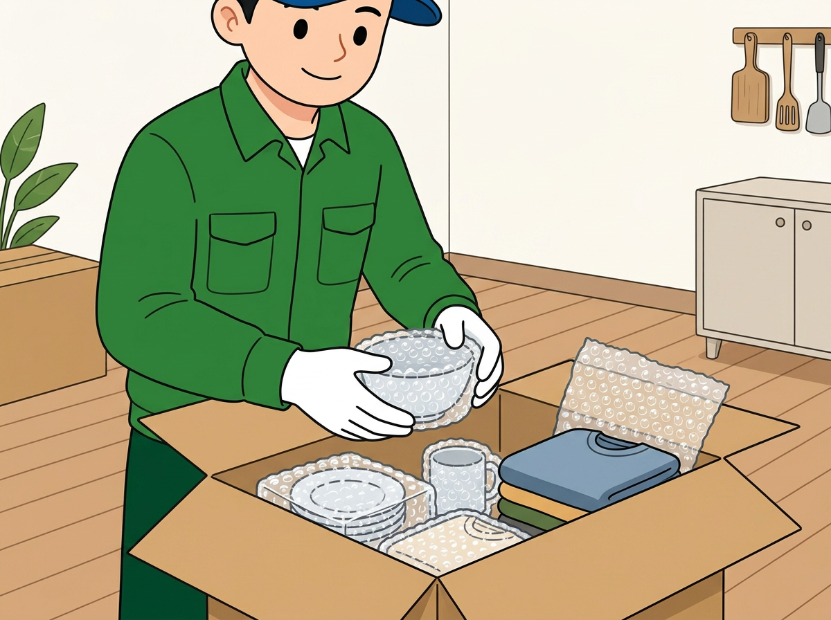 가족 이사 상황을 보여주는 포장이사 현장 일러스트